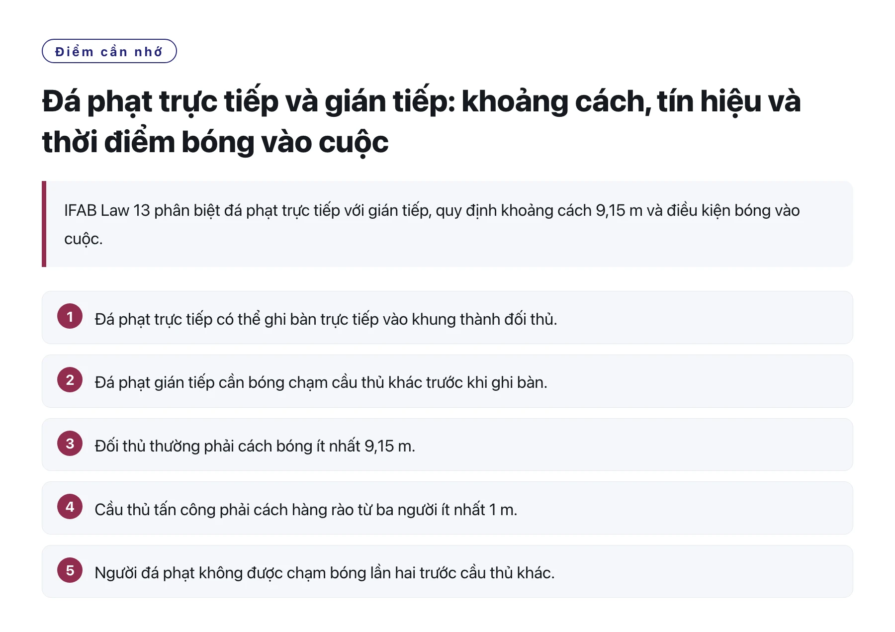 Đá phạt trực tiếp và gián tiếp: khoảng cách, tín hiệu và thời điểm bóng vào cuộc——全文要点速览